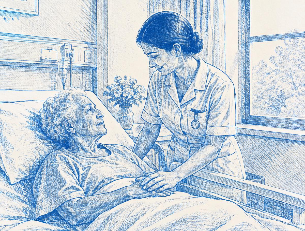 Ilustração de uma enfermeira a cuidar de uma doente