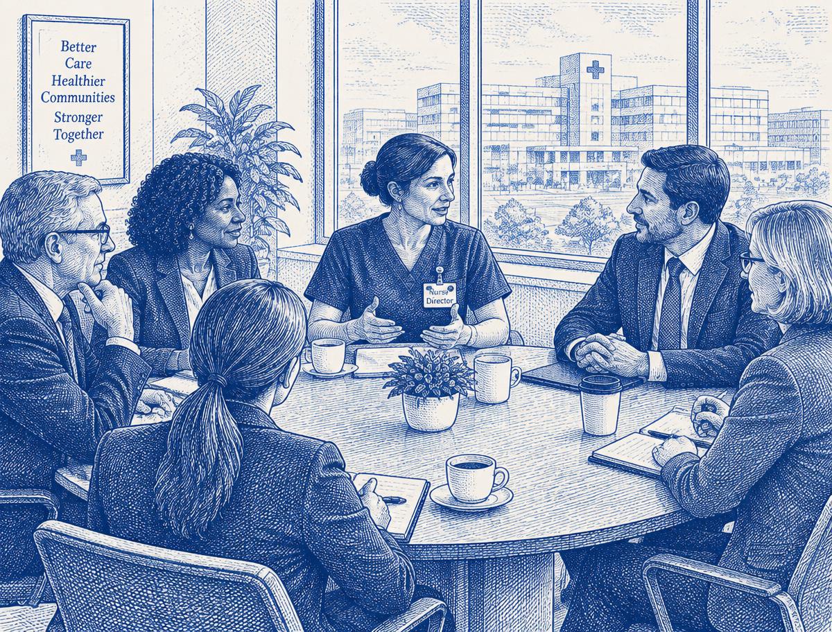 Ilustração de líderes hospitalares numa mesa redonda
